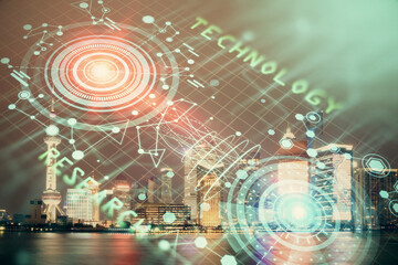 Data theme hologram drawing on city view with skyscrapers background double exposure. Ai concept.