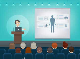 Medical conference concept with doctor speak on stage flat design vector illustration