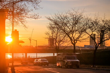 Sunrise over the East River in New York City with Long Island City in the background