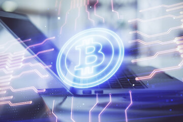 Double exposure of blockchain and crypto economy theme hologram and table with computer background....