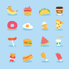 Fast food icon set consisting of hamburger, donuts, french fries, eggs, lemon juice, pizza, watermelon, sausage, instant noodles, hot dogs, fried chicken, ice cream, banana, cake, cofee, etc