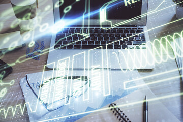 Desktop computer background and education theme drawing. Double exposure. Study concept.