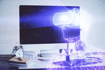 Computer on desktop with AR theme icon. Multi exposure. Concept of augmented reality.