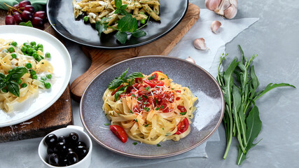 Prepared vegan pasta, pizza and snacks