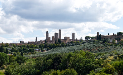 Fototapeta na wymiar Panoramic view of San Gimignano close to Siena. Tuscany, Italy. San Gimignano is famous for its several towers 