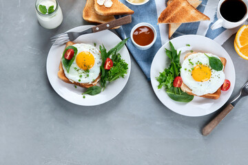 Traditional American breakfast on grey background
