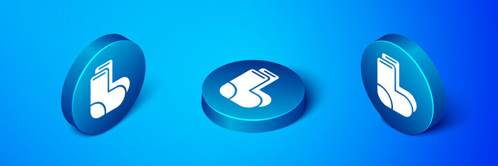 Isometric Valenki icon isolated on blue background. National Russian winter footwear. Traditional warm boots in Russia. Blue circle button. Vector.