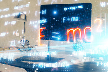 Desktop computer background and formula hologram writing. Double exposure. Education concept.