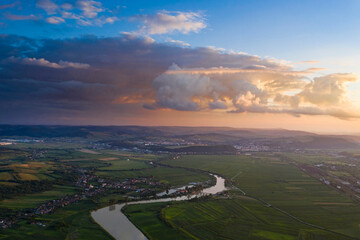 Aerial view of the Somesul river shore in summer, Dej, Romania