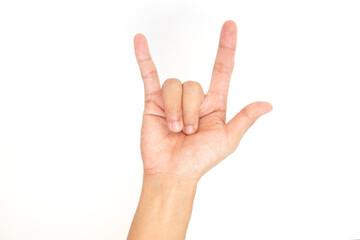 Female hand showing gesture on white background. Body language concept.