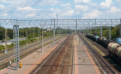 Samara Chapaevsk, Russia-July. 26.2020: view of railway tracks, train platform, railway power supply