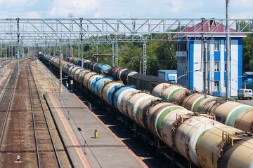 Samara Chapaevsk, Russia-July. 26. 2020: railway platform, solid and liquid cargo trains, logistics concept