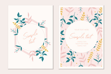 Modern botanical invitation card template with flowers and leaves.Cards with space for text.