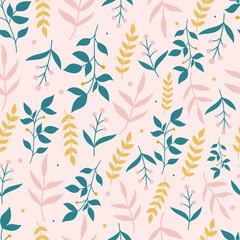 Botanical seamless pattern with flowers on pastel pink background. Leaves and flowers wallpapers. Florals background.