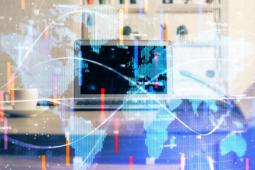 Multi exposure of business theme icons and table with computer background. Concept of success.