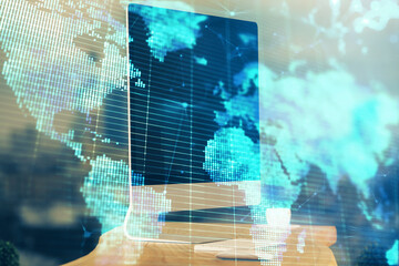 Multi exposure of business theme icons and table with computer background. Concept of success.