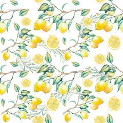 Watercolor Mediterranean seamless pattern. Hand drawn food and natural objects on white background. Olive tree branches, lemon branch. Summer wallpaper design