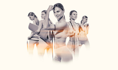 team of trainers in the gym. a woman leads a healthy lifestyle doing various sports. white background, isolate studio shooting copy space