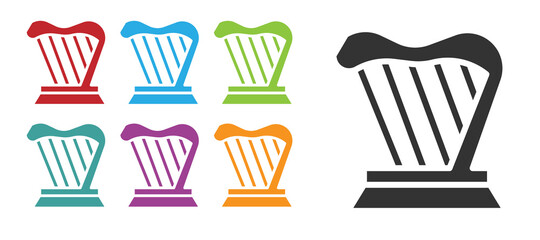 Black Harp icon isolated on white background. Classical music instrument, orhestra string acoustic element. Set icons colorful. Vector.