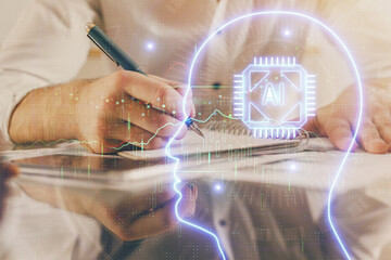 Man with multi exposure atificial intelligence brain icons.