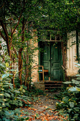 Old creepy abandoned house and wooden door