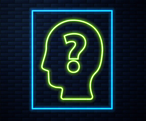 Glowing neon line Human head with question mark icon isolated on brick wall background. Vector.