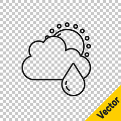 Black line Cloud with rain and sun icon isolated on transparent background. Rain cloud precipitation with rain drops. Vector.