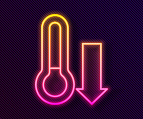 Glowing neon line Meteorology thermometer measuring icon isolated on black background. Thermometer equipment showing hot or cold weather. Vector.