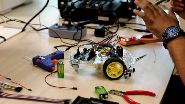 Young students working in the mechanical coding lab. Aug, 2019 - Pendik