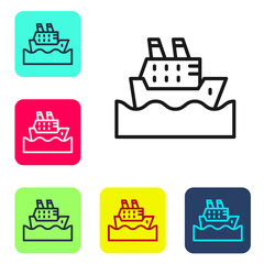 Black line Cruise ship in ocean icon isolated on white background. Cruising the world. Set icons in color square buttons. Vector.