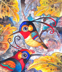 The brilliantly birds in the deep forest.Watercolor hand drawn illustration for nature illustration,birds cartoon illustration,background,greeting card,postcard,pattern,decoration,wallpaper,clip art © Sombat  Khewhok