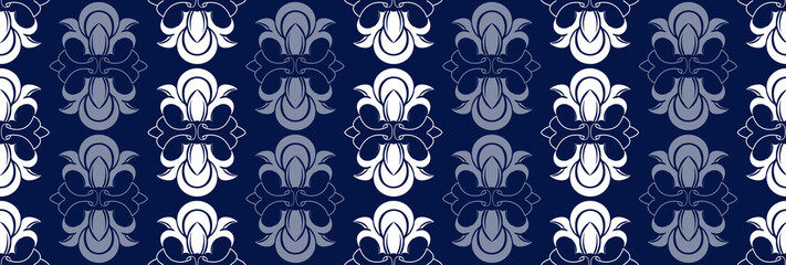 Vector elegan tile ornate seamless pattern. White ornament on luxury elegant blue background Retro hindu monochrome motif