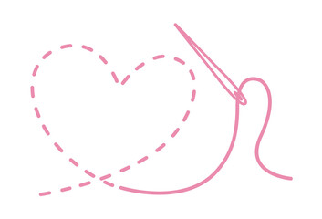 ピンク色の線で描かれたハートの形の刺繍の手書きのシンプルなイラスト