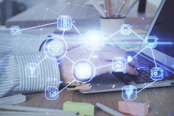 Social network theme hologram with businessman working on computer on background. Concept of world wide web. Multi exposure.