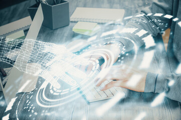 Double exposure of tech drawings with hands working on computer background. Concept of innovation.