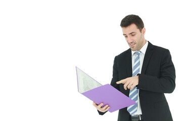Handsome Caucasian man in black suit holding violet document file and serious in work isolated on white background.