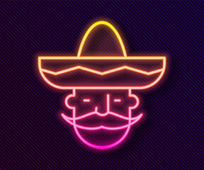 Glowing neon line Mexican man wearing sombrero icon isolated on black background. Hispanic man with a mustache. Vector.