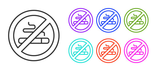 Black line No Smoking icon isolated on white background. Cigarette symbol. Set icons colorful. Vector.