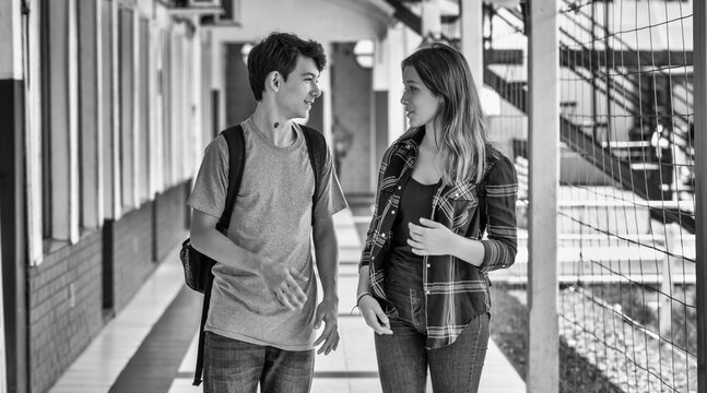 Two caucasian teenagers friends happy returning to school speaking along the hallway. Back to school concept