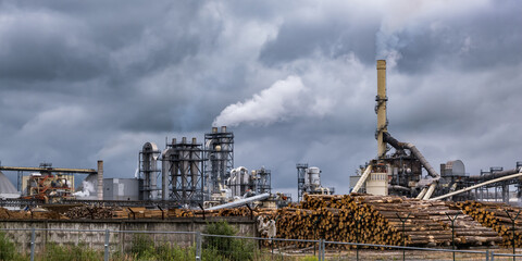 pipes of woodworking enterprise plant sawmill against a gloomy gray sky. Air pollution concept....