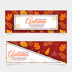 Autumn Sale Header Or Banner Design Set with 50% Discount Offer and Various Leaves Decorated on Red Brown and White Background.