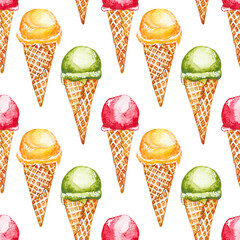 Seamless pattern. Red, yellow and green ice cream in a waffle cone. Hand drawn watercolor illustration isolated on a white background. - 370117810