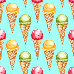 Seamless pattern. Red, yellow and green ice cream in a waffle cone. Hand drawn watercolor illustration isolated on a mint background. - 370117830