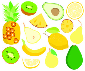 seamless pattern with pineapple, avocado, pear, kiwi, banana, lemon. vector illustration