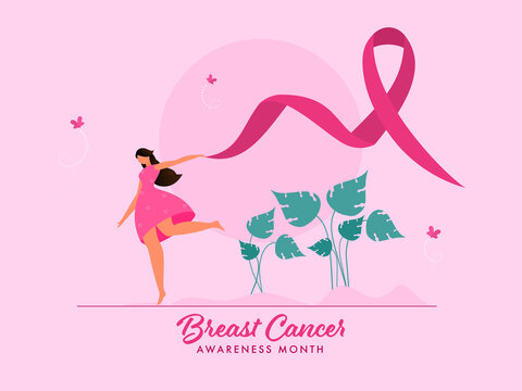 Faceless Young Girl Holding Ribbon in Running Pose and Green Leaf Plants on Pink Background for Breast Cancer Awareness Month.