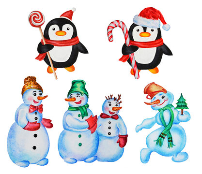 Winter illustration with funny penguins with sweets and a Christmas hat and funny snowmen. Set. Watercolor, hand drawing.