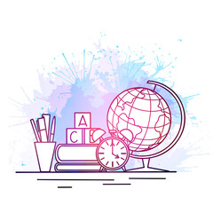 Back to school. Contour illustration of books, globe, watches, office supplies and watercolor splashes. Study table for the student. Classes and studies. Vector element for cards, banners