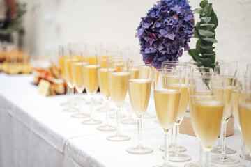 Glasses of champagne on table at wedding party