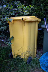 Obraz premium Yellow garbage container in a park AM