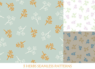 Seamless patterns set with herb and branch for textile. Hand drawn vector illustration.